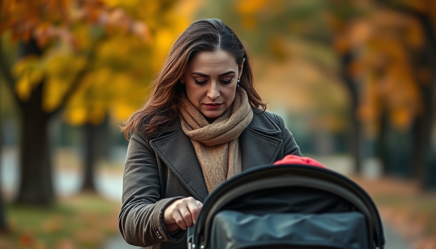 Somber woman with baby in stroller in park, international adoption scandal.