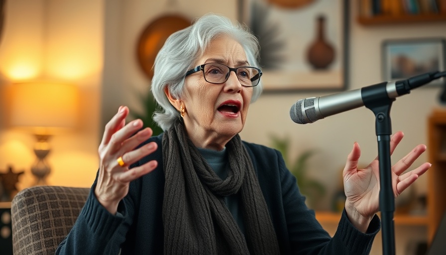 Elderly woman discussing gift economy insights in a podcast setting.