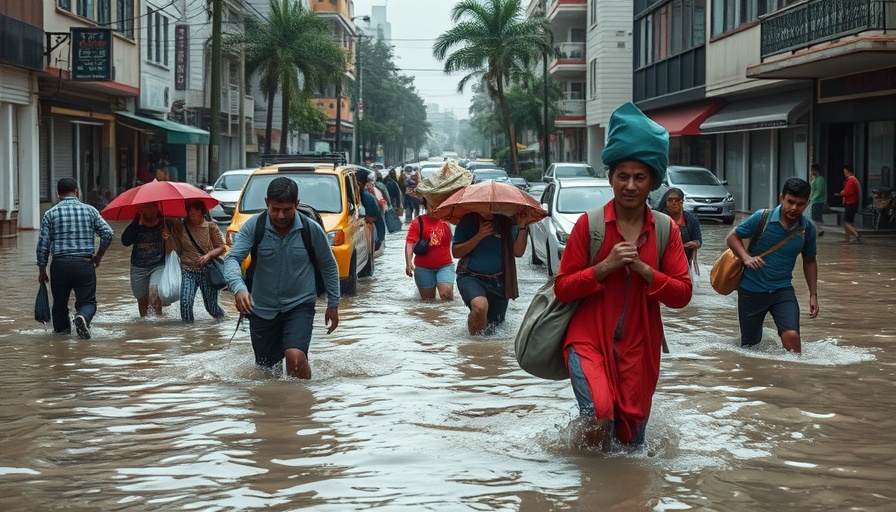 Pakistan flooding disaster response: survivors wading through floodwater carrying belongings.