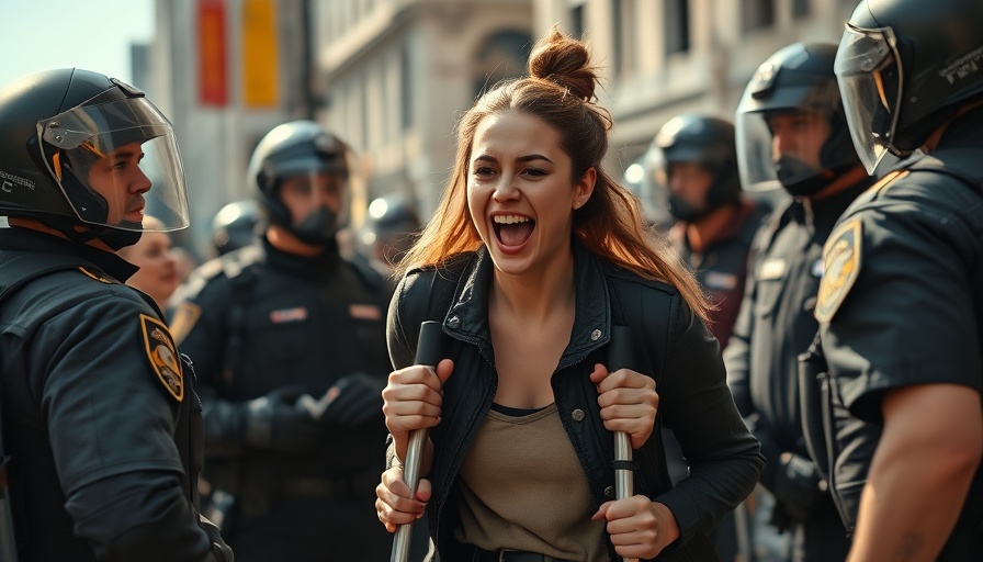 Protest in Argentina against budget cuts in disability spending, woman on crutches confronts police.