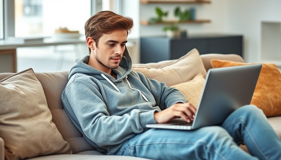 Casual person in hoodie relaxing with laptop, modern interior.