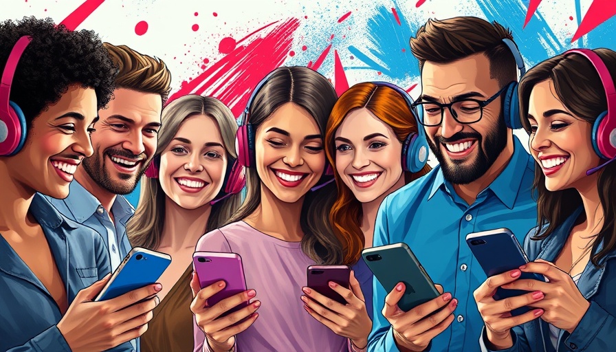 Diverse group using Flutterwave Send App in colorful abstract backdrop.