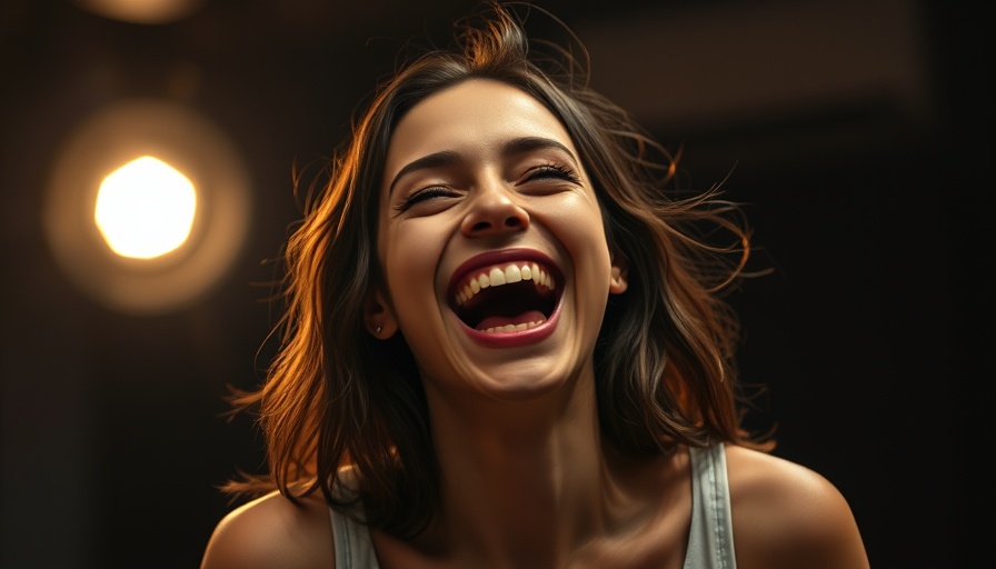 Joyful woman laughing energetically, humor makes us strong message conveyed.