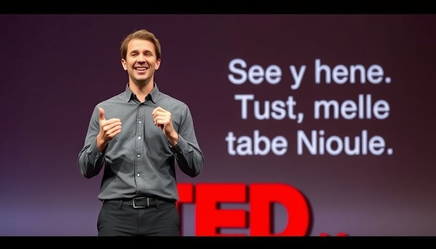 TED Talk speaker discussing AI's impact on music with overlay text.