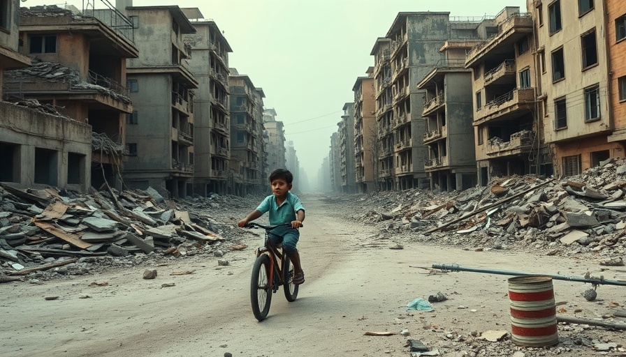 Child on bicycle navigating ruins in devastated urban Syria.