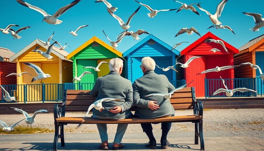 Senior couple enjoying seaside view with seagulls and colorful huts.