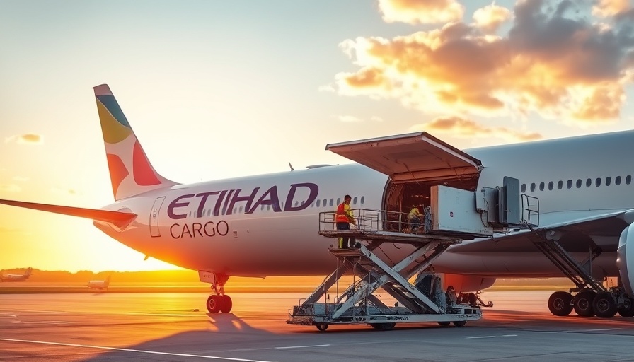 Etihad Cargo plane loading cargo at airport runway at sunrise