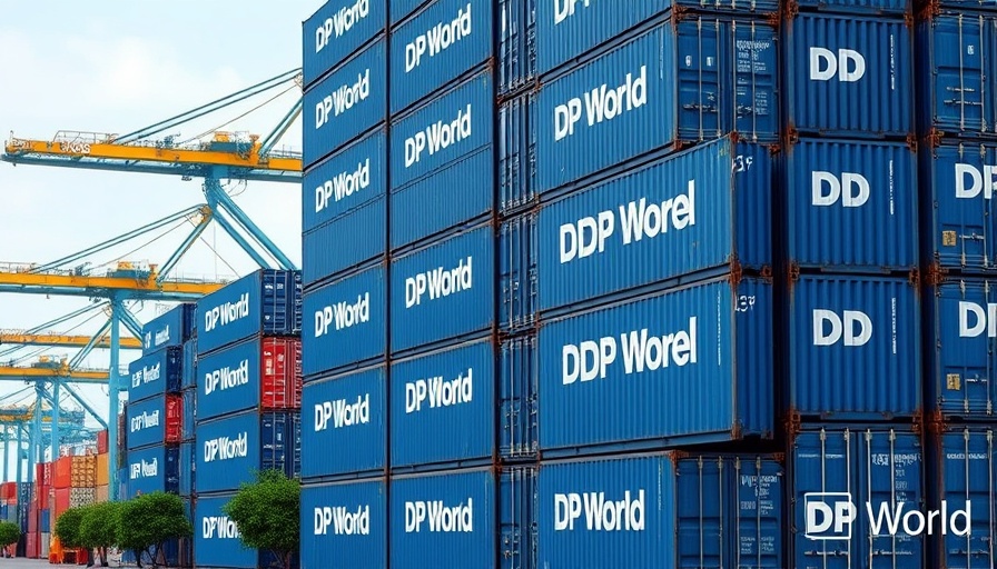 DP World containers stacked at port, showcasing revenue growth.