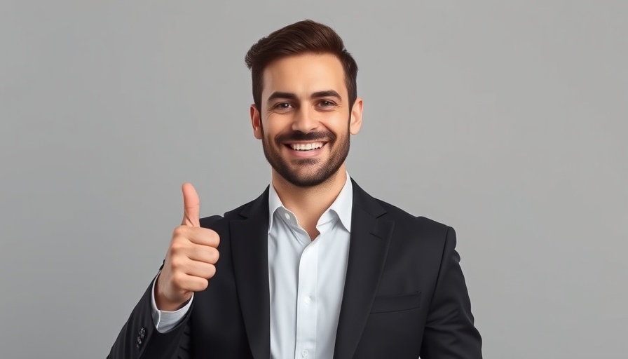 Confident man smiling and giving thumbs up in a black suit.