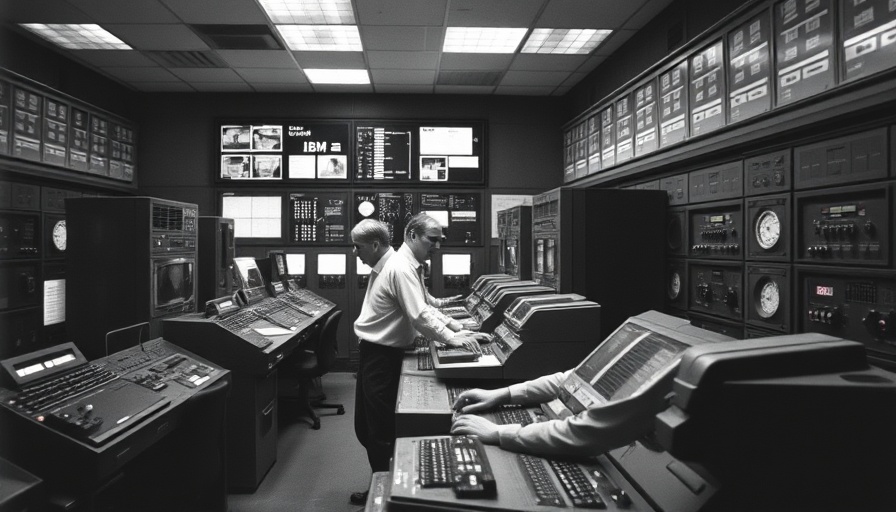 Historic IBM engineers in a control room focused on technology.