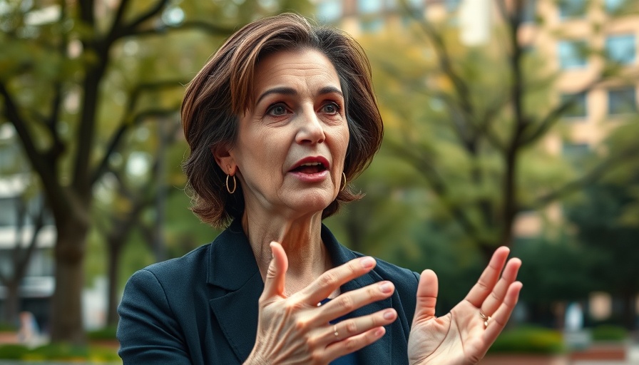 Mature woman speaking outdoors in a park setting, distraction-free walking.