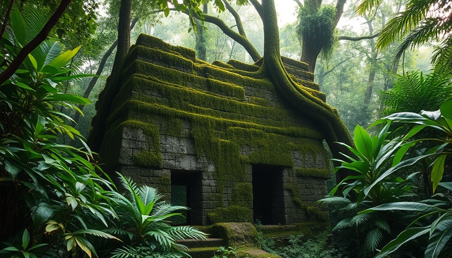 Moss-covered stone structure in Peru's Amazon rainforest, symbolizing deforestation.