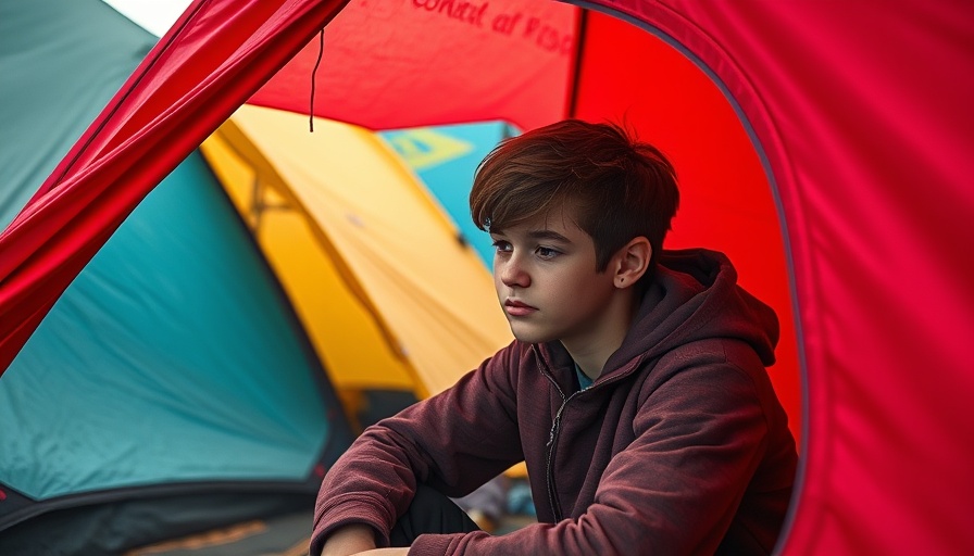 Contemplative young person in a red tent, Mexico campsite.