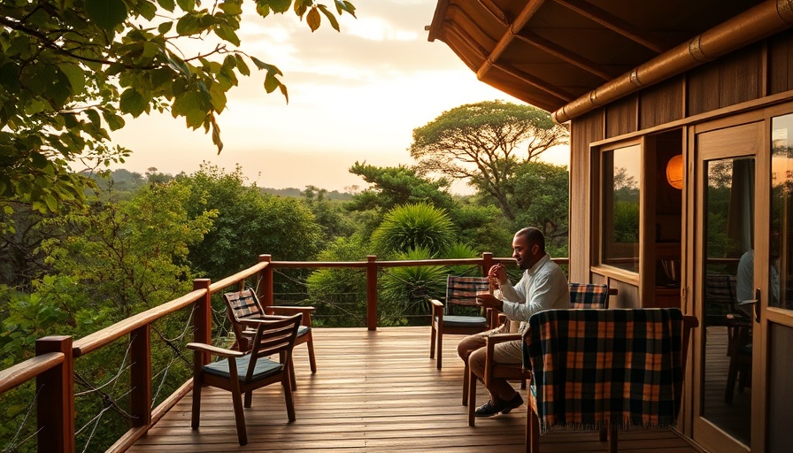 Serene deck setup for wellness safaris in Africa with lush foliage.