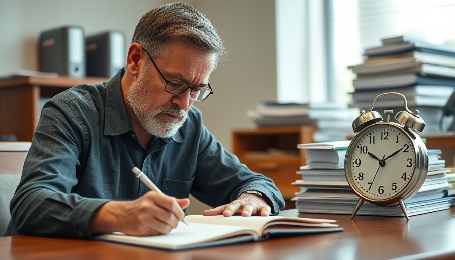 Focused man in office with stack of files and clock, AI tools in education.