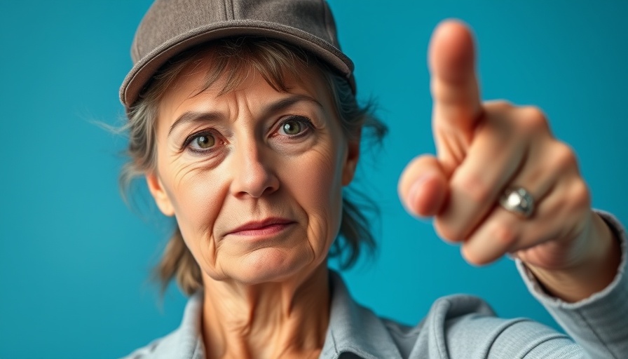 Mature woman pointing with intent, blue background, photorealistic.