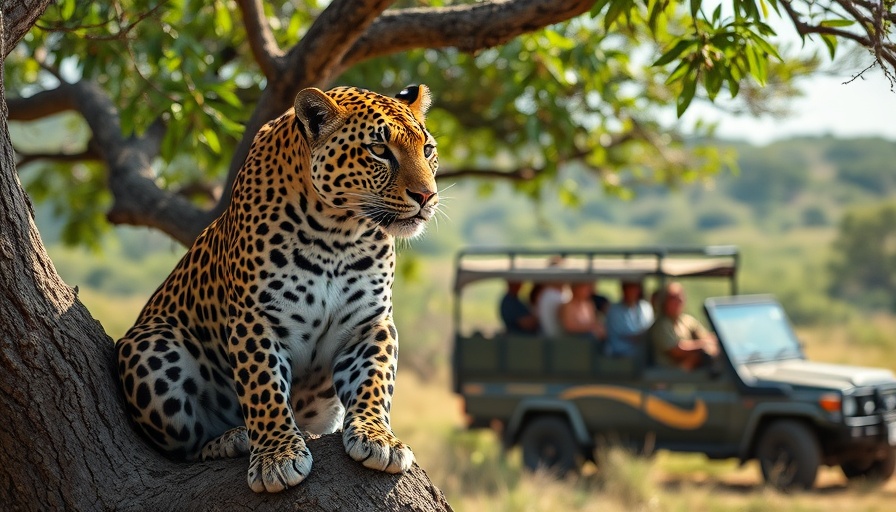 Best time to visit Africa for safaris: leopard on tree with tourists.