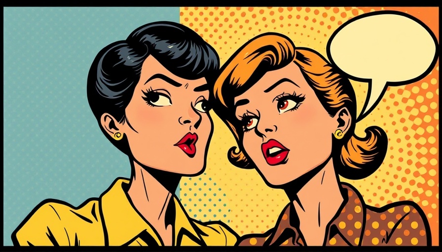 Retro comic illustration of whispering people with speech bubble.