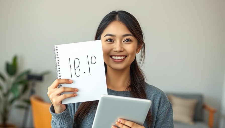 Young woman indoors with a '10/10' sign, showing positivity.