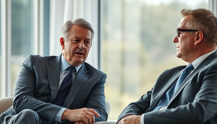 Two men discussing technology's impact on geopolitics in a bright room.