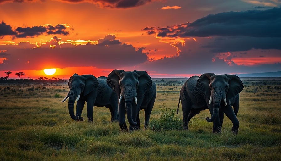 Majestic elephants on African savannah at sunset under dramatic skies.