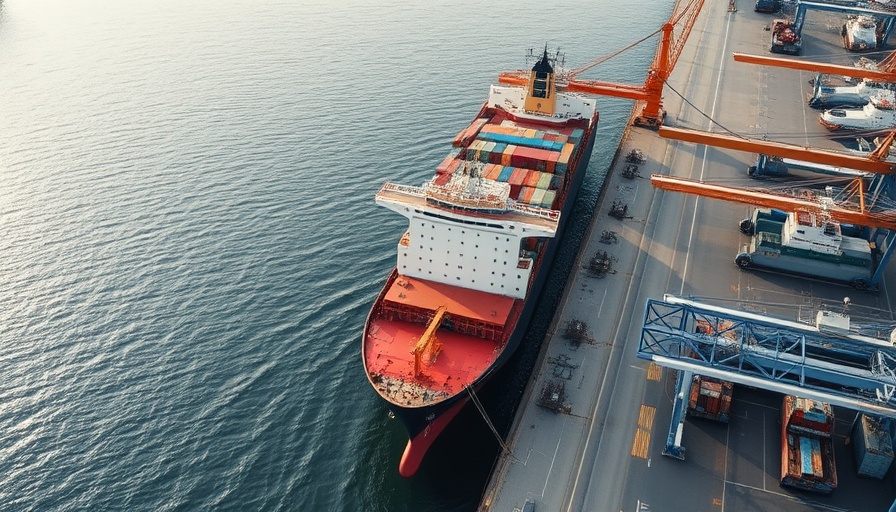 Large cargo ship docked at port with cranes in African logistics context.
