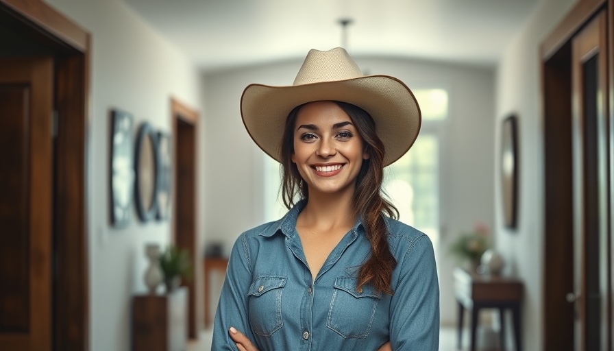 Smiling woman in cowboy hat at modern home entrance for real estate investment in Nashville.
