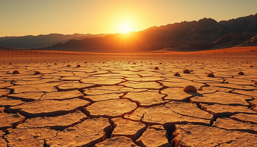 Desert landscape with cracked earth and sunrise in Africa.