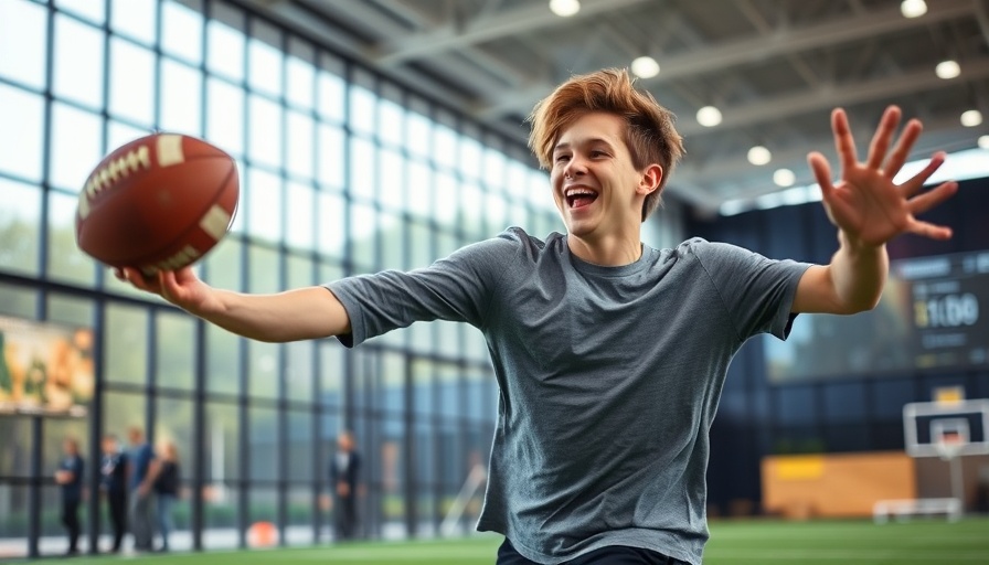 Energetic young man in red jacket throwing a football indoors.