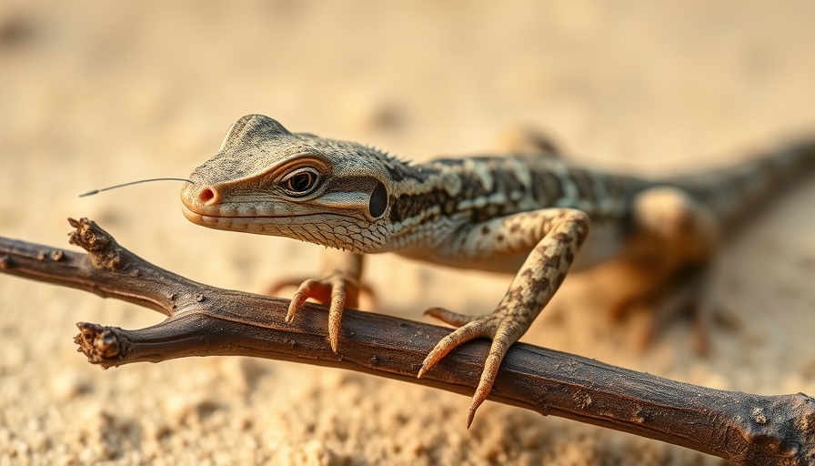 Close-up of a desert lizard sneezing on a branch.