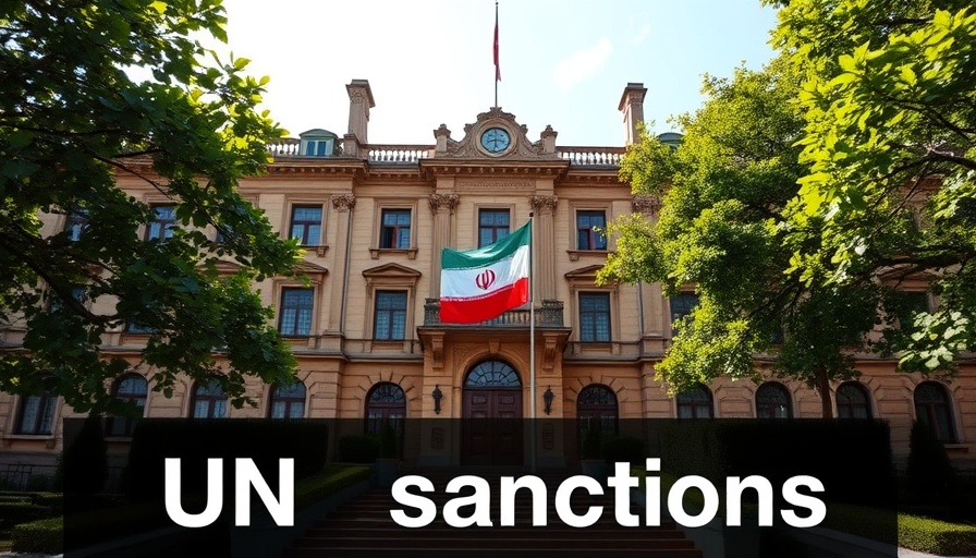 Reimposing UN sanctions on Iran, historic building with flag.