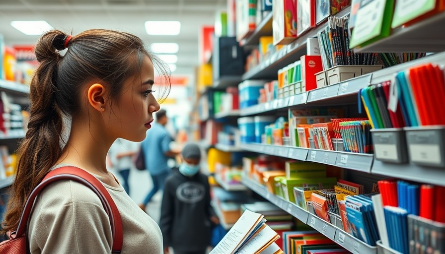 Young woman examining school supplies in store aisle, highlighting rising cost concerns.