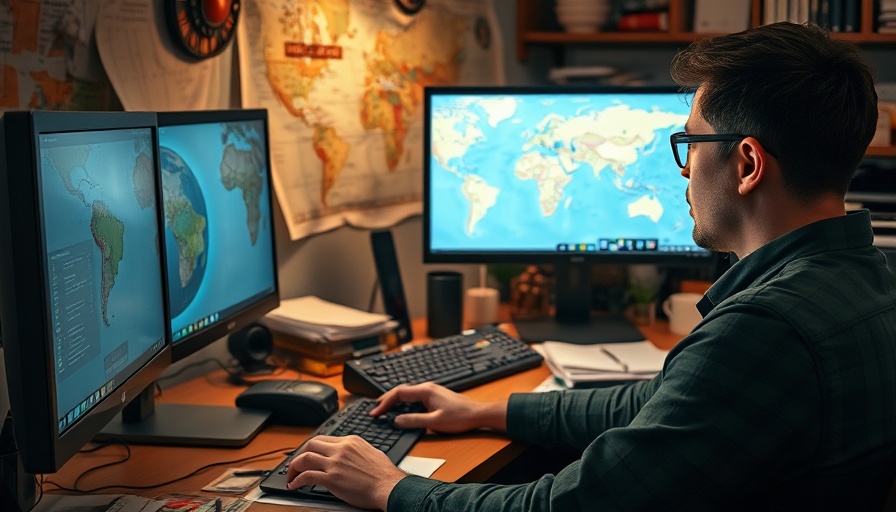 Individual animating vintage maps on a computer screen in a home office.