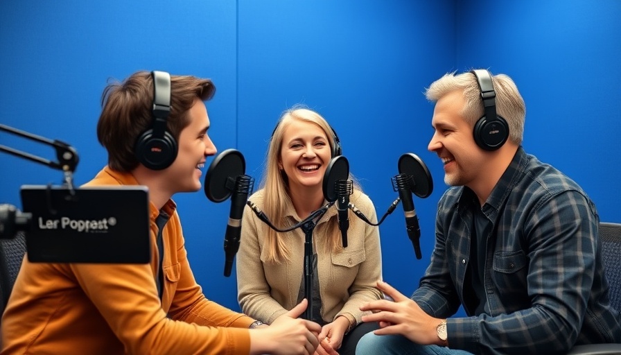 Podcast studio discussion on AI with three people and microphones.