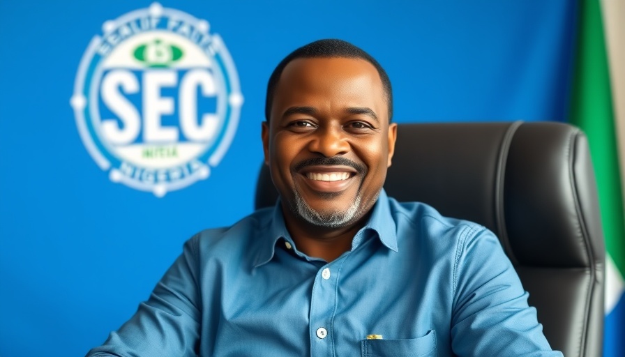Professional man smiling with SEC Nigeria in background.