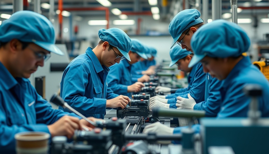 Factory workers and precision tasks in manufacturing, symbolizing globalization and climate change.