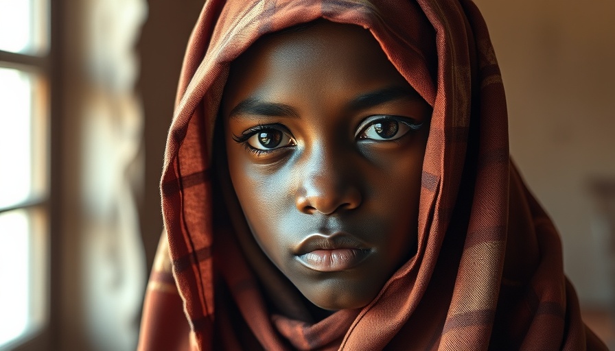 Young Sudanese girl with a shawl in soft lighting, highlighting resilience amid hardship.