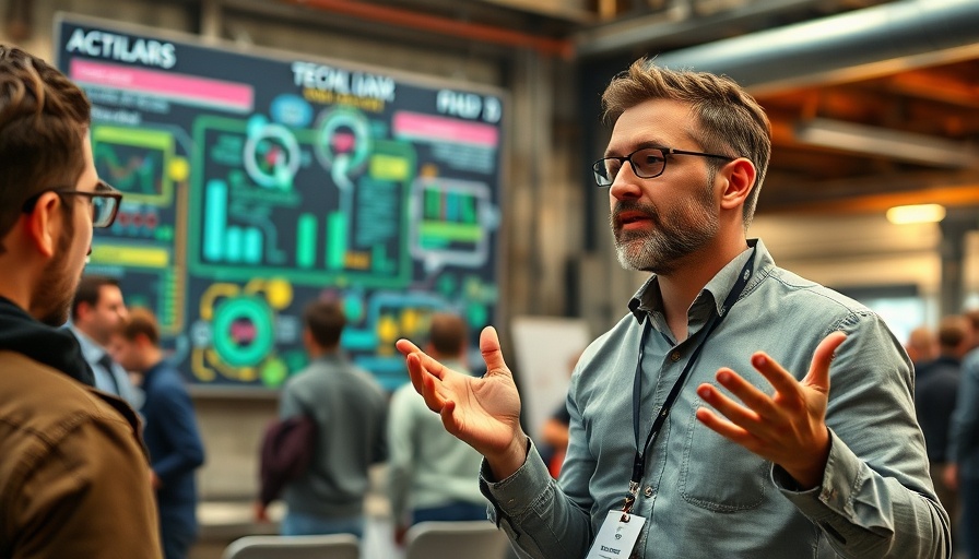 Tech conference attendee gesturing at an industrial venue