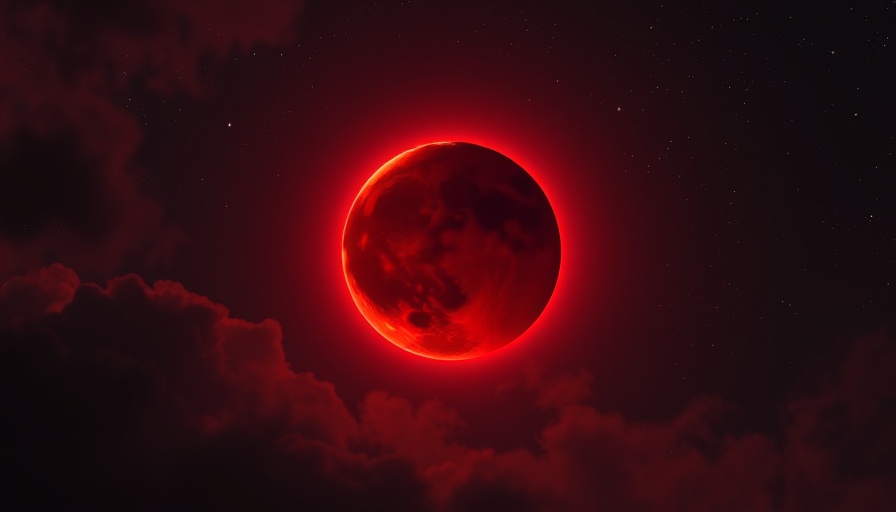 Blood Moon in a starry sky with cosmic backdrop.