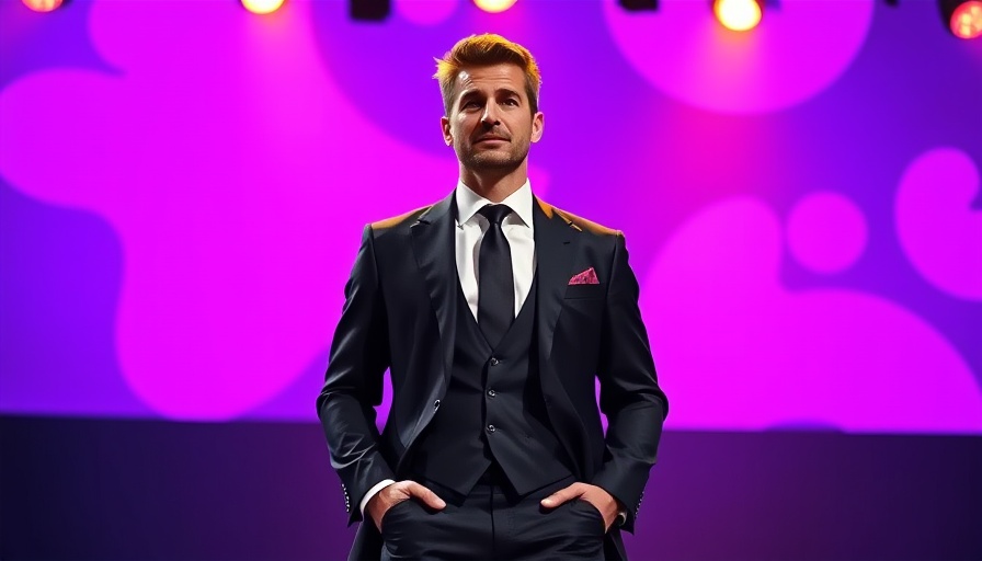 Confident speaker in suit on vibrant stage, discussing 7 steps to authoritarianism.