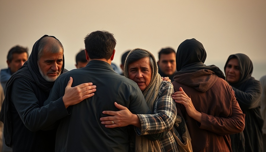Displaced Gazans amid Israeli airstrikes, emotional embrace.