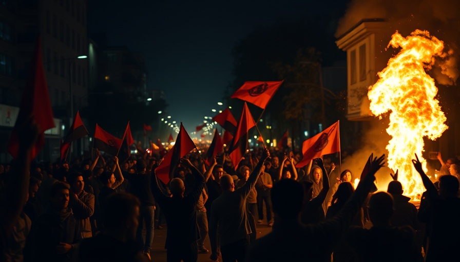 Chaotic scene of unrest in Indonesia during nighttime.