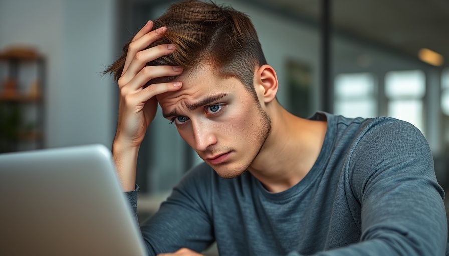 Young man dealing with stress at work on laptop, staying calm.