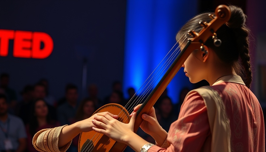 Young woman performing on stage with traditional instrument during TED talk.