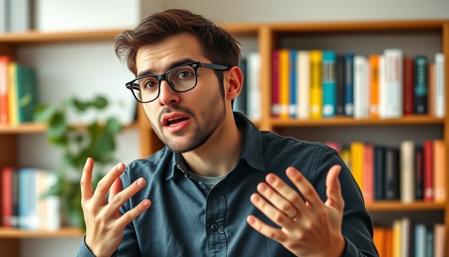 Young man discussing writing and productivity in modern office.
