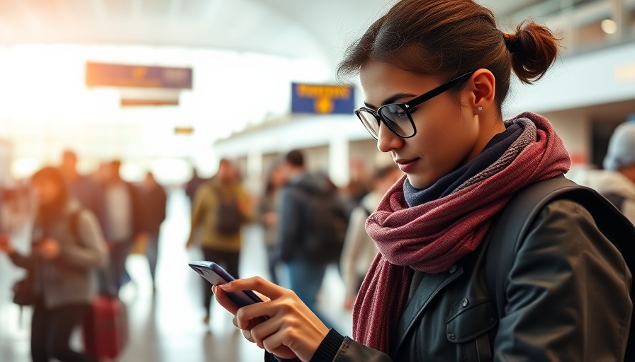 Traveler using essential travel apps for exporters at busy airport.