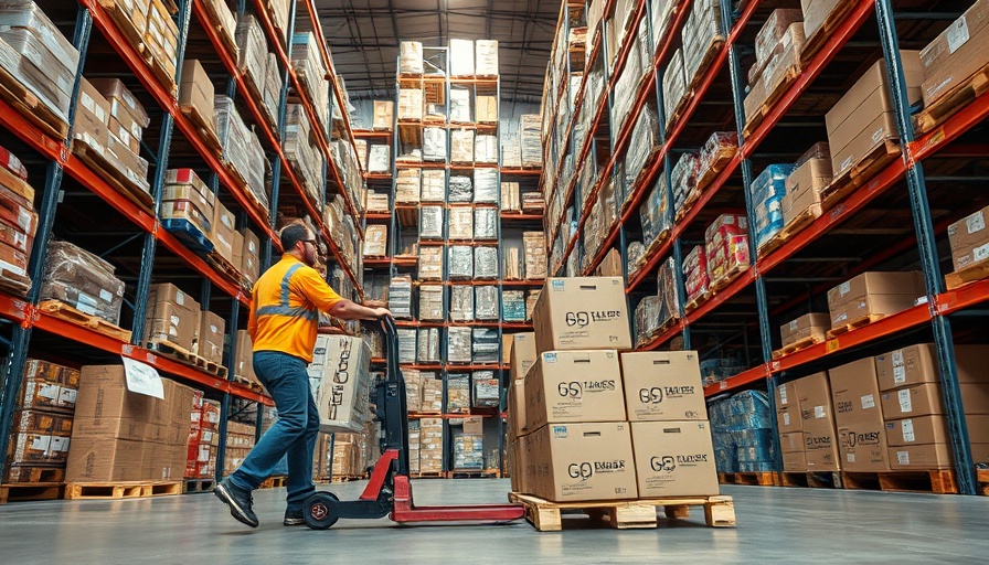 Warehouse logistics: worker pulls goods on pallet jack among shelves.