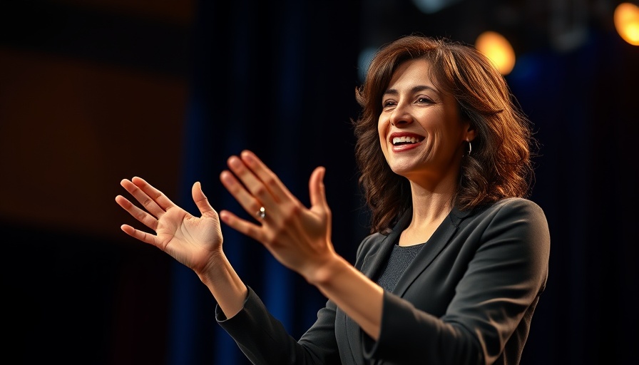Confident woman speaking on stage, illustrating mindset shift impact.