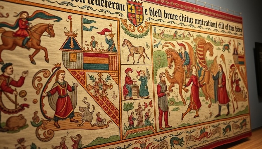 Bayeux Tapestry depicting medieval scenes in museum display.