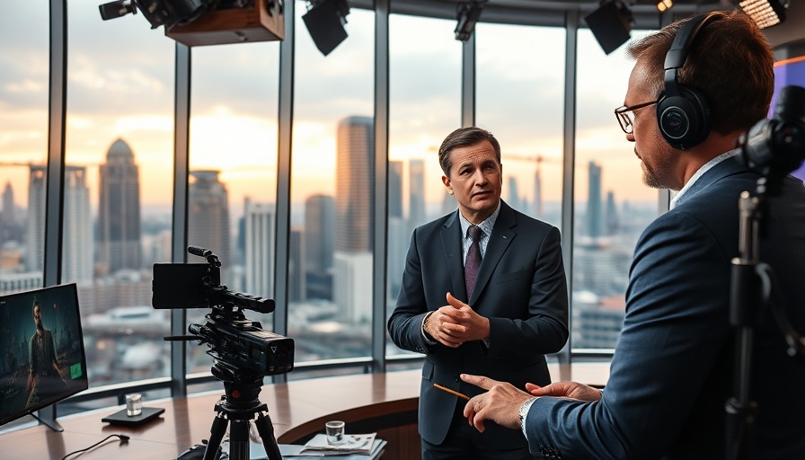 TV news show discussing Africa news with cityscape view.
